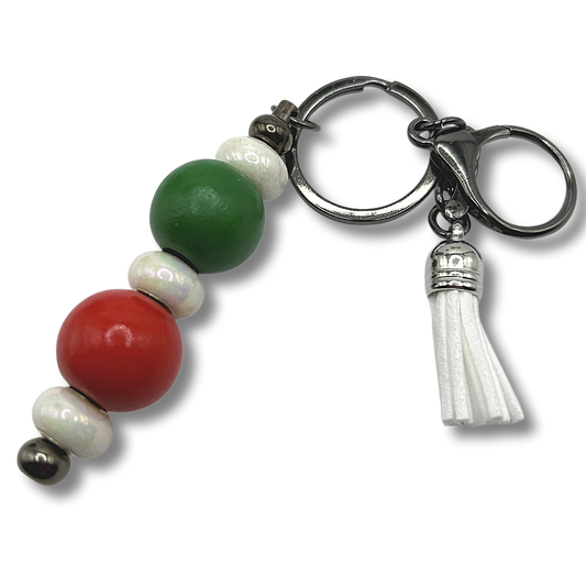 Red and Green Wood Keyring with White Glass Accents